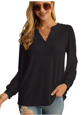 WD Women's Shirt Casual V-neck Shirt Fluffy Long Sleeve Balloon Cuffs Four Seasons Top Unisex Top Pink Large